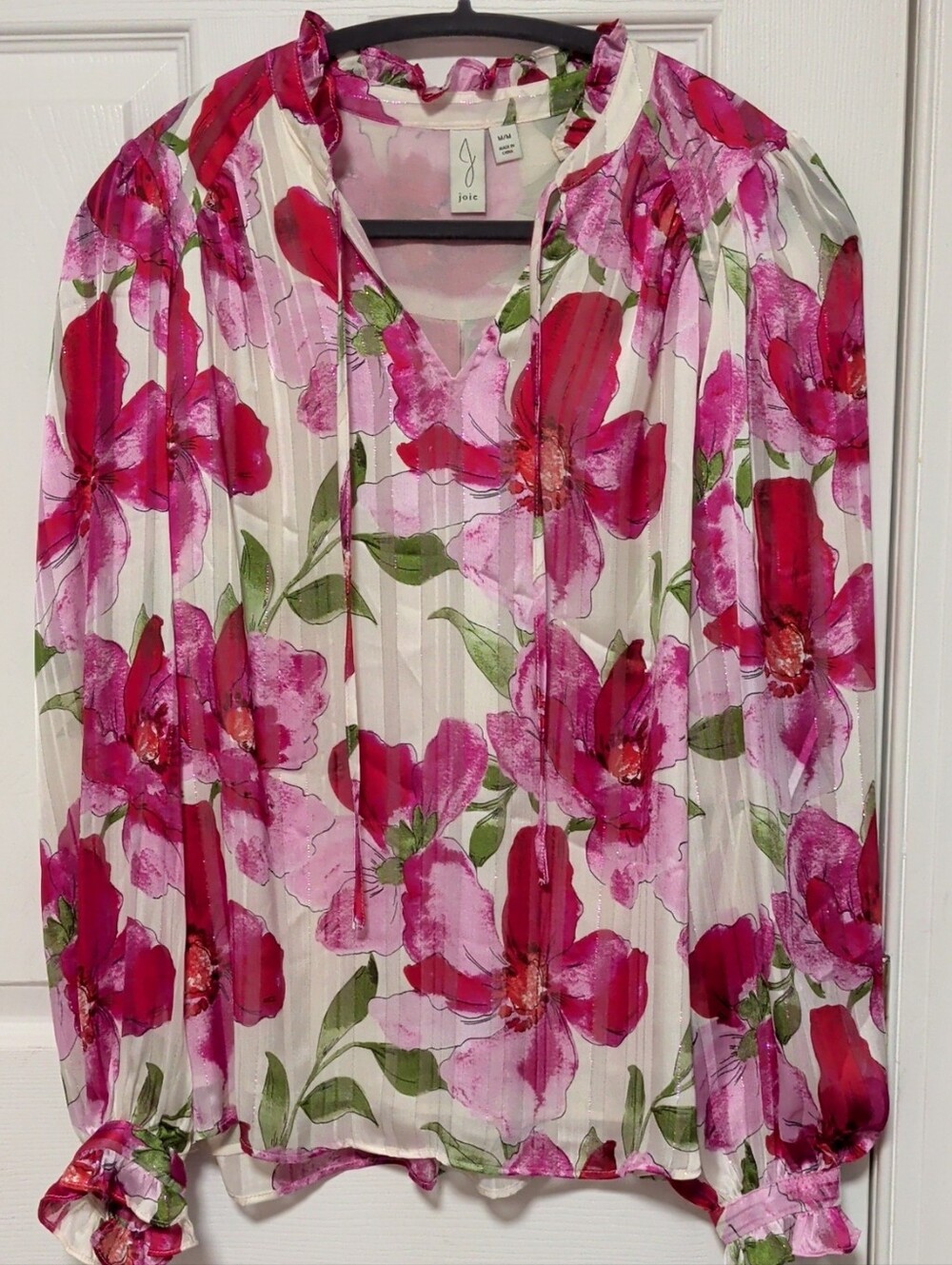 Joie Floral With Pink, Red, Green, & Cream Tie-Neck Blouse